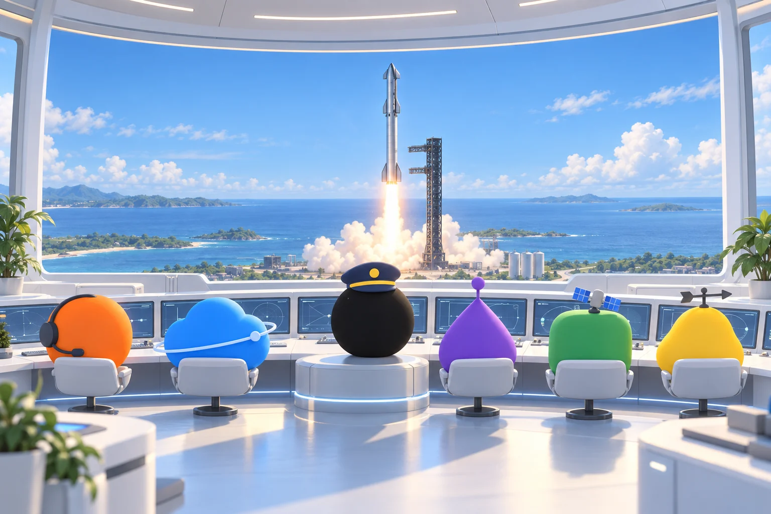 The six agents at their consoles, watching the rocket lift off through the control room window