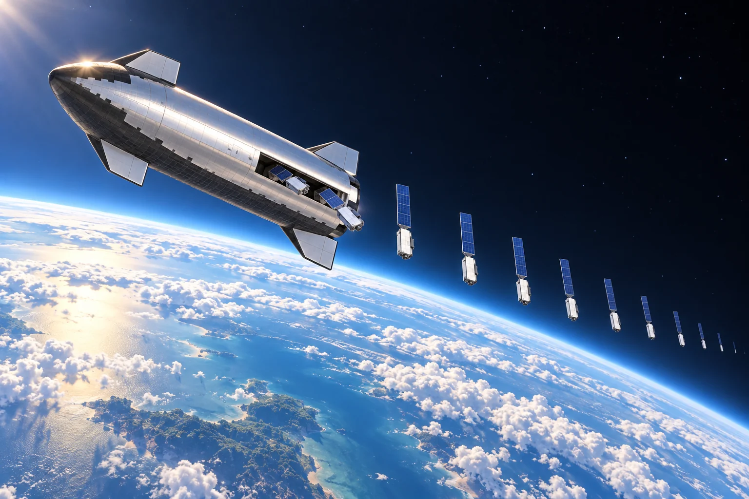 The ship in orbit releasing flat-panel satellites over the Earth