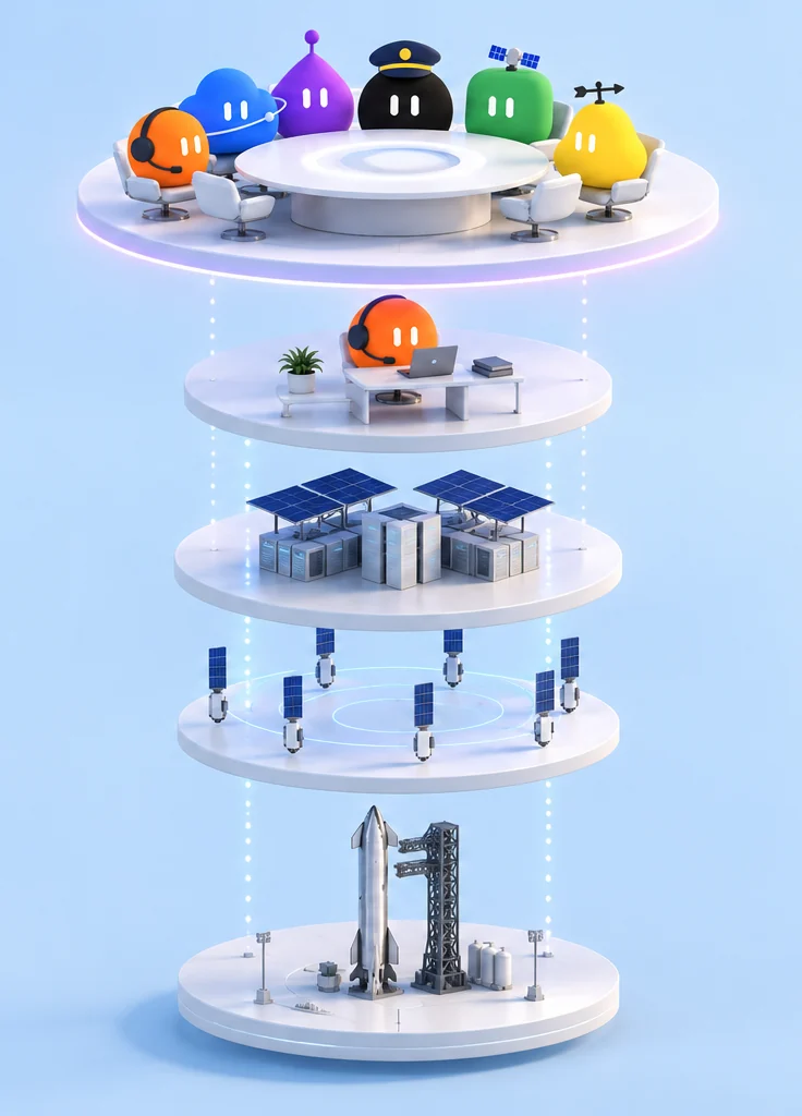 The five layers as floating platforms: rocket, satellite mesh, orbital compute, one agent, the whole team