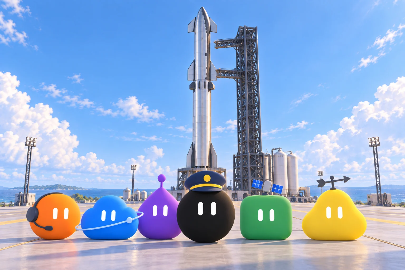 The six agents standing together on the launch pad